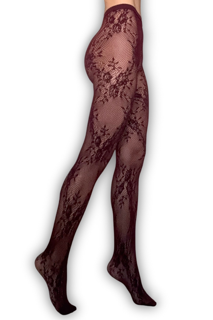 Floral Fishnet Tights - Burgandy