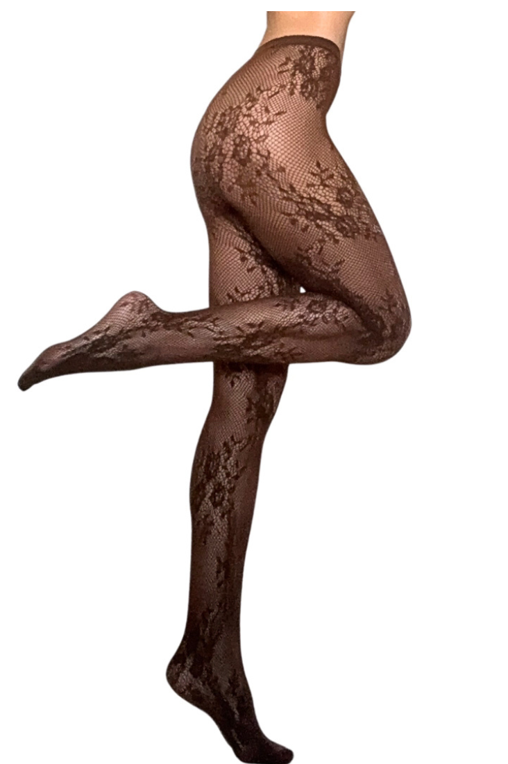 Floral Fishnet Tights - Brown