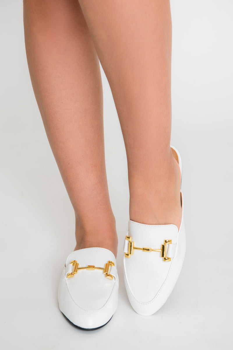 Clara Gold Buckle Mules - White – Style Sapphire