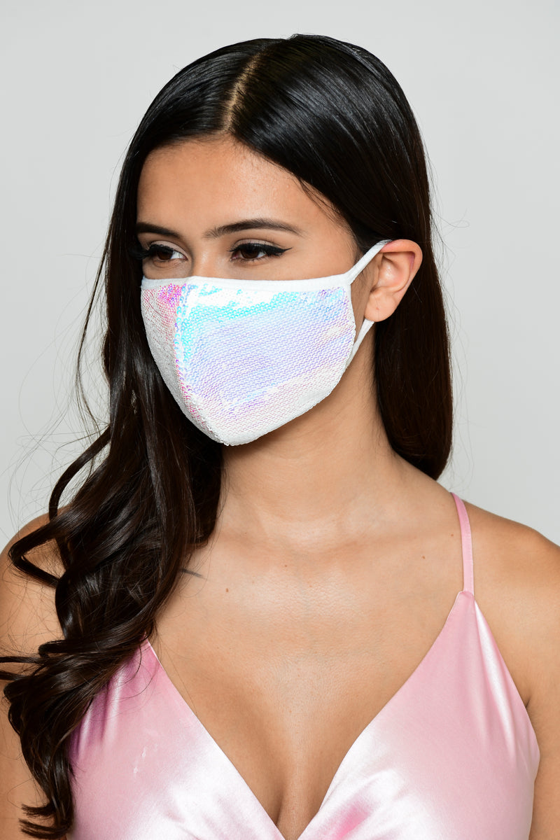 Sequin Face Mask Iridescent White Style Sapphire