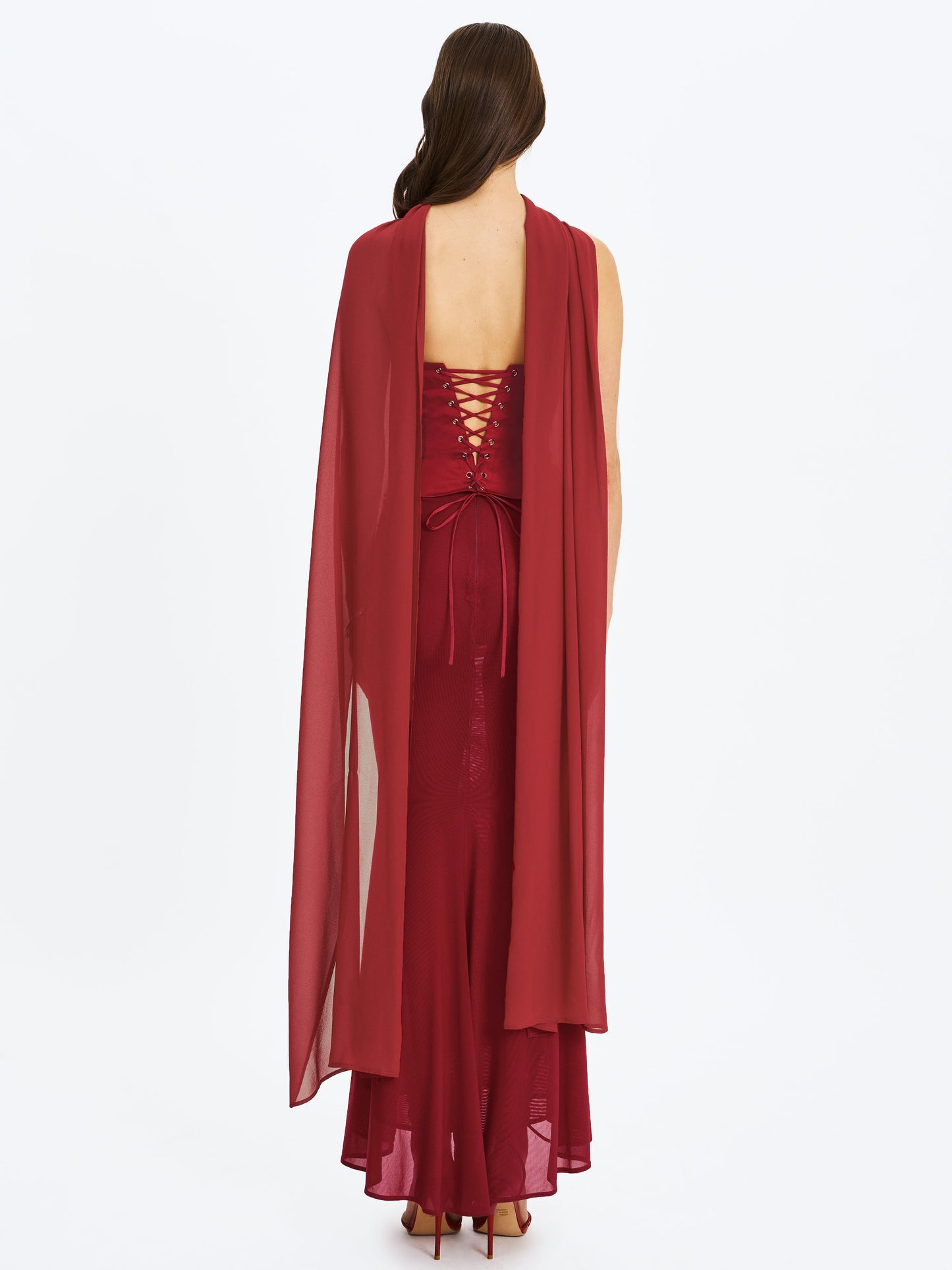 Giselle Crimson Peplum Mermaid Gown with Chiffon Scarf - Miss Circle
