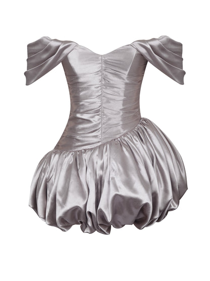 Milena Champagne Ruched Asymmetrical Bubble Mini Dress - Miss Circle