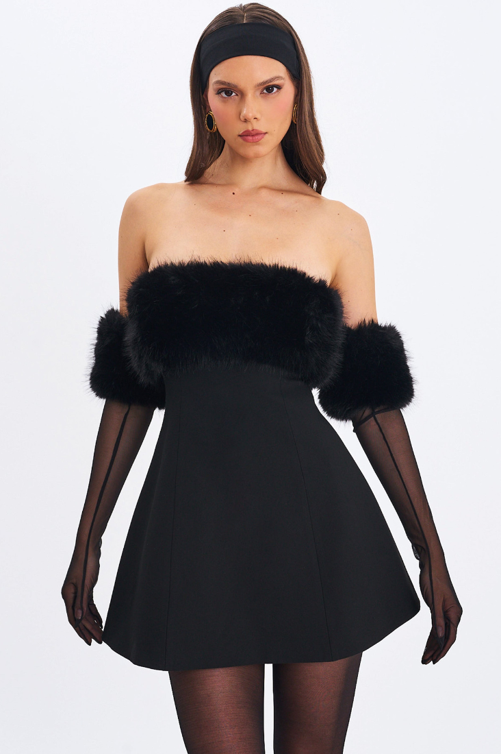 Evelyn Black Fur-Trimmed Mini A-Line Dress - Miss Circle