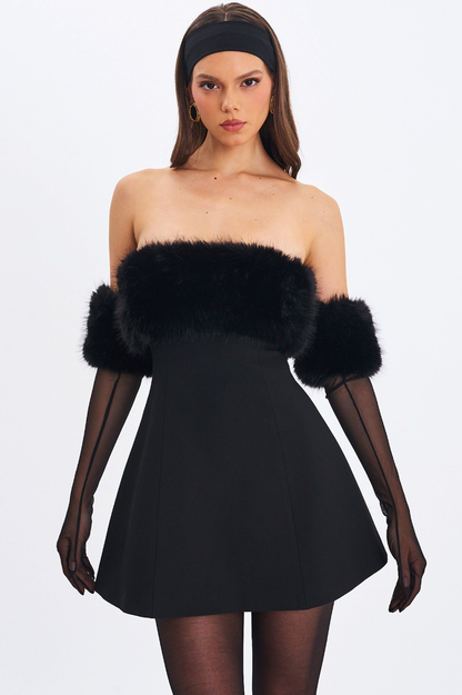 Evelyn Black Fur-Trimmed Mini A-Line Dress - Miss Circle