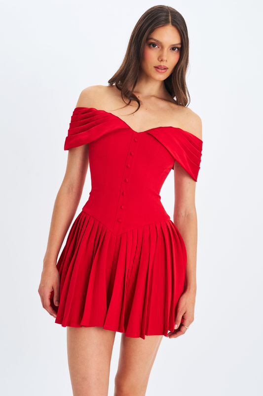 Narelle Crimson Off-Shoulder Sweetheart Drop Waist Mini Dress - Miss Circle