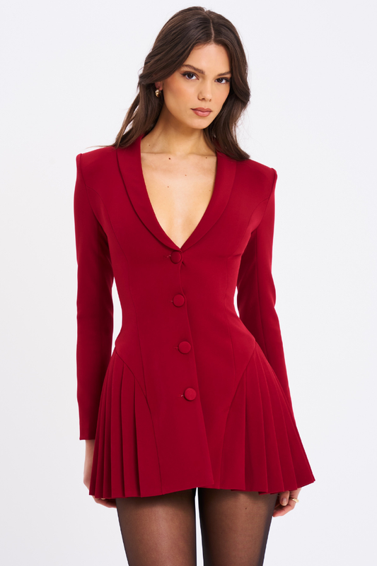Delia Burgundy Blazer Dress with Pleated Detail - Miss Circle