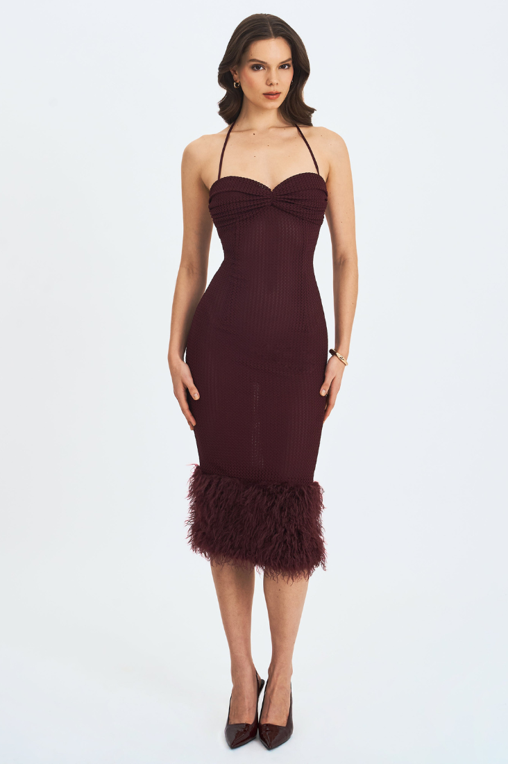 Pluma Maroon Halter Faux-Fur Trimmed Midi Dress - Miss Circle