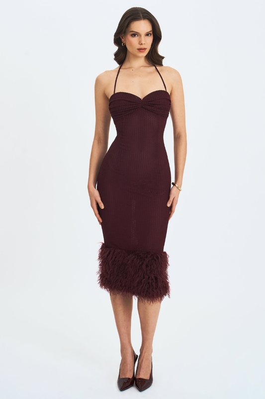 Pluma Maroon Halter Faux-Fur Trimmed Midi Dress - Miss Circle