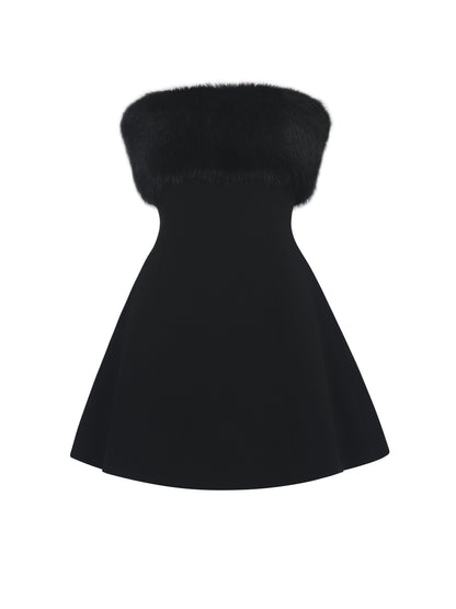 Evelyn Black Fur-Trimmed Mini A-Line Dress - Miss Circle