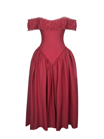Xavy Crimson Off-Shoulder Corset Midi Dress - Miss Circle