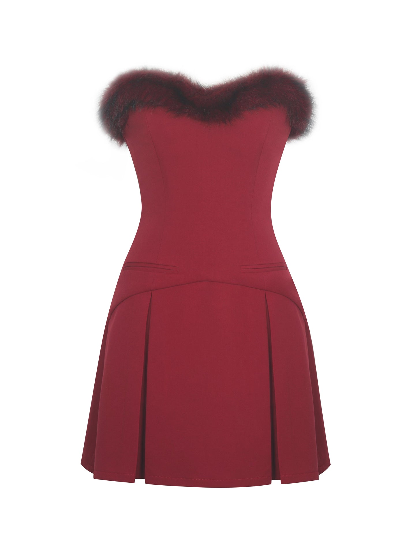Nalia Crimson Fur Trimmed Sweetheart Mini Dress - Miss Circle