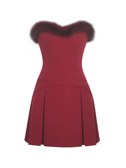 Nalia Crimson Fur Trimmed Sweetheart Mini Dress - Miss Circle