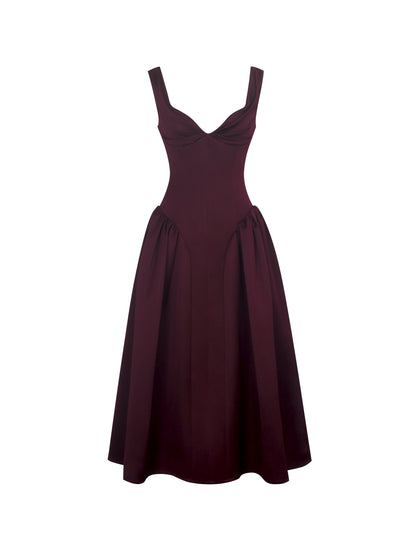 Omella Burgundy Ruched Bust Sweetheart Flared Midi Dress - Miss Circle