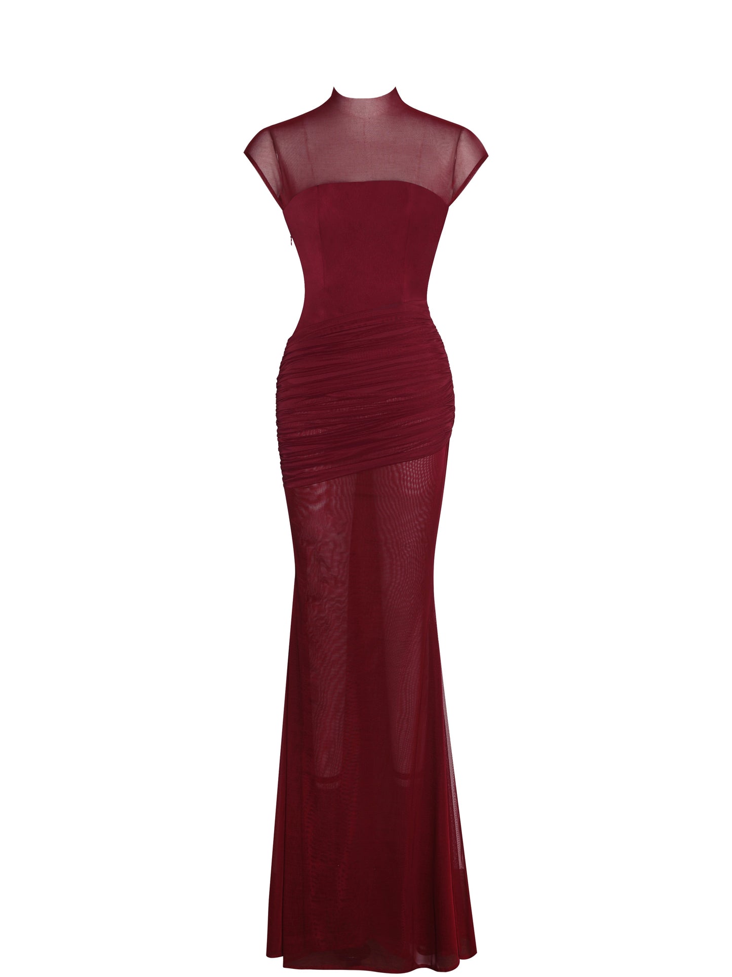Fabienne Burgundy Mesh Cap Sleeve Mermaid Gown - Miss Circle