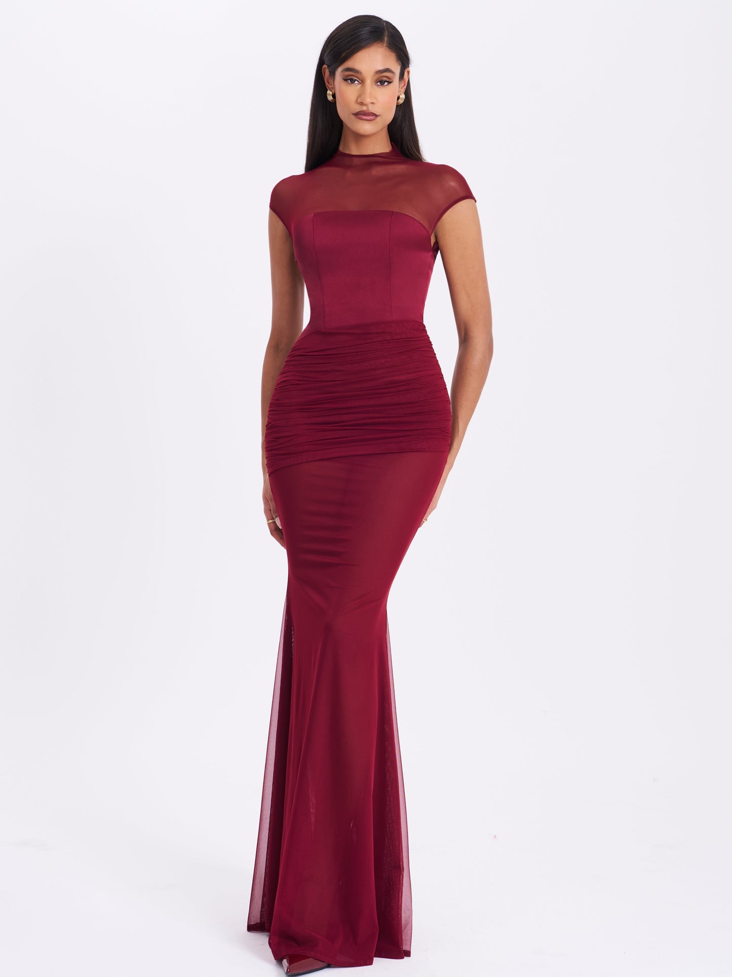 Fabienne Burgundy Mesh Cap Sleeve Mermaid Gown - Miss Circle