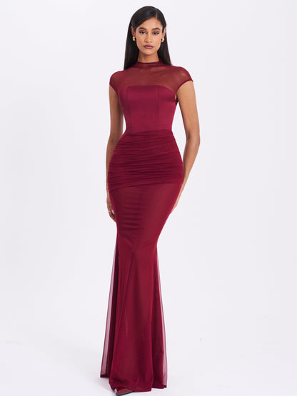 Fabienne Burgundy Mesh Cap Sleeve Mermaid Gown - Miss Circle