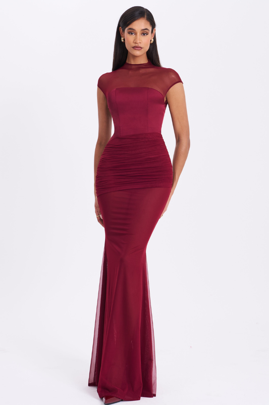 Fabienne Burgundy Mesh Cap Sleeve Mermaid Gown - Miss Circle