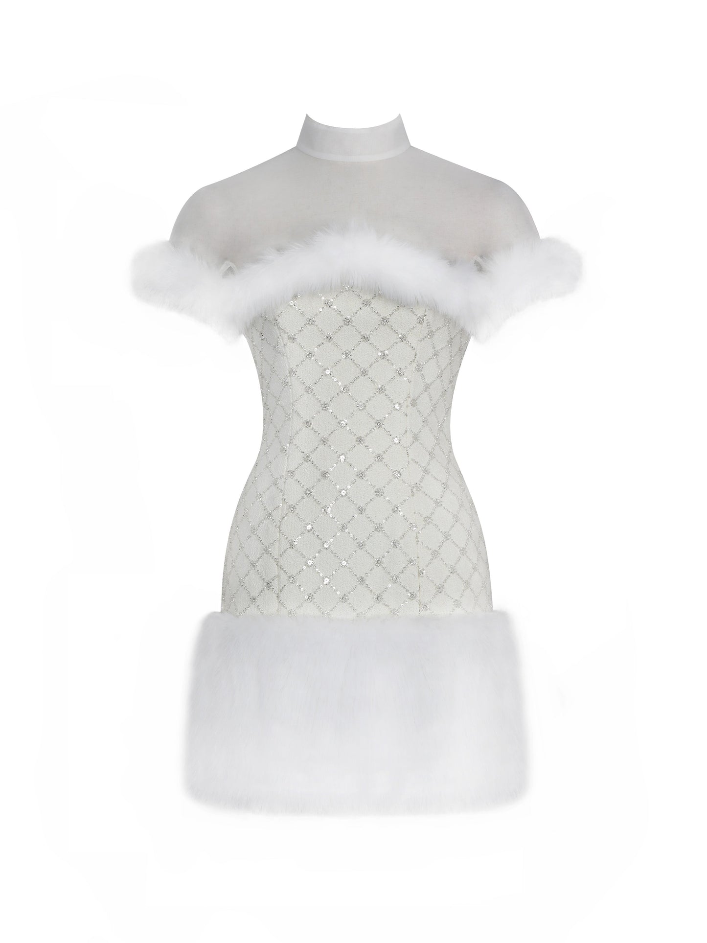 Taylor Ivory Fur Trimmed Beaded Bouclé Mini Dress - Miss Circle