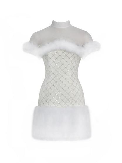 Taylor Ivory Fur Trimmed Beaded Bouclé Mini Dress - Miss Circle