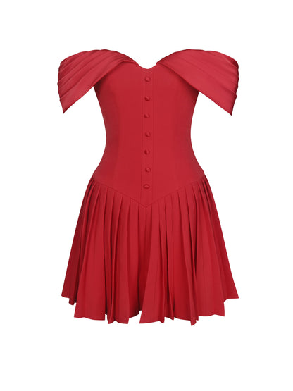 Narelle Crimson Off-Shoulder Sweetheart Drop Waist Mini Dress - Miss Circle