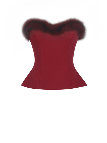 Ivette Crimson Fur-Trimmed Peplum Top - Miss Circle