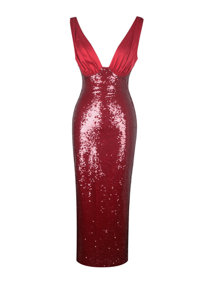 Shanelle Crimson Sequin Plunging Midi Dress - Miss Circle