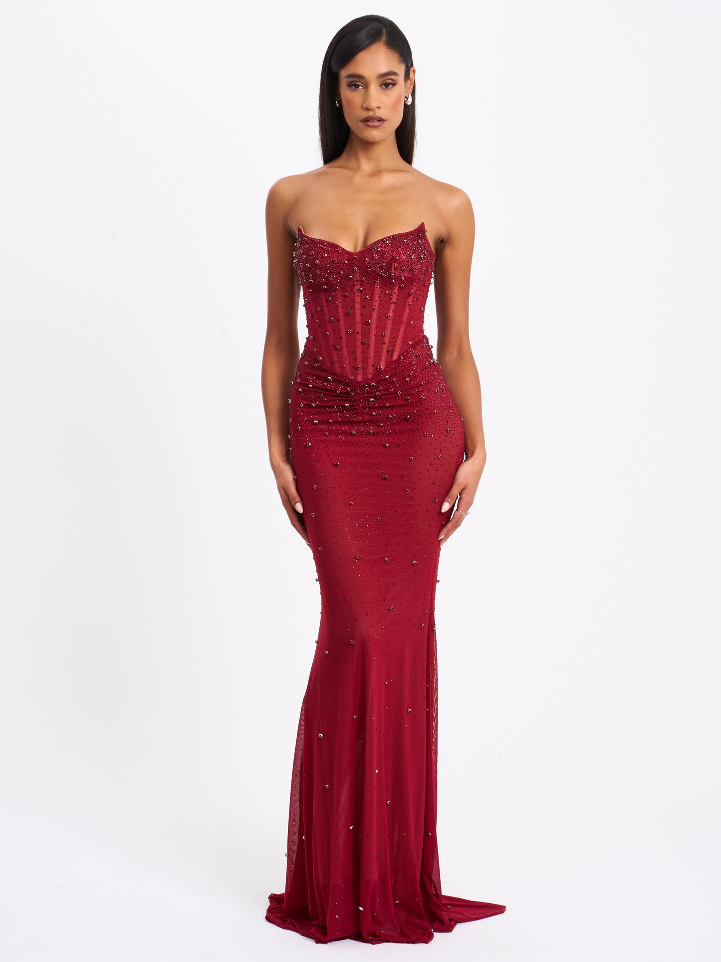 Fatima Burgundy Crystal Sleeveless Corset Mermaid Maxi Dress - Miss Circle