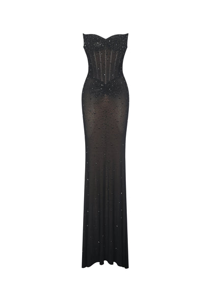 Fatima Black Crystal Sleeveless Corset Mermaid Maxi Dress - Miss Circle