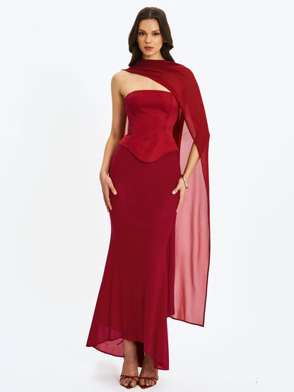 Giselle Crimson Peplum Mermaid Gown with Chiffon Scarf - Miss Circle