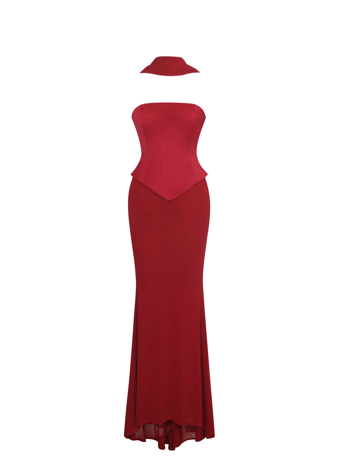 Giselle Crimson Peplum Mermaid Gown with Chiffon Scarf - Miss Circle