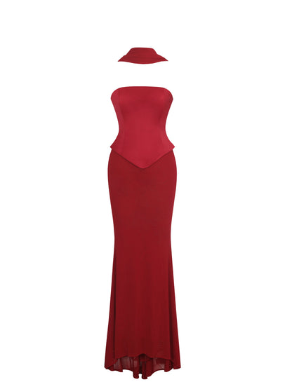 Giselle Crimson Peplum Mermaid Gown with Chiffon Scarf - Miss Circle