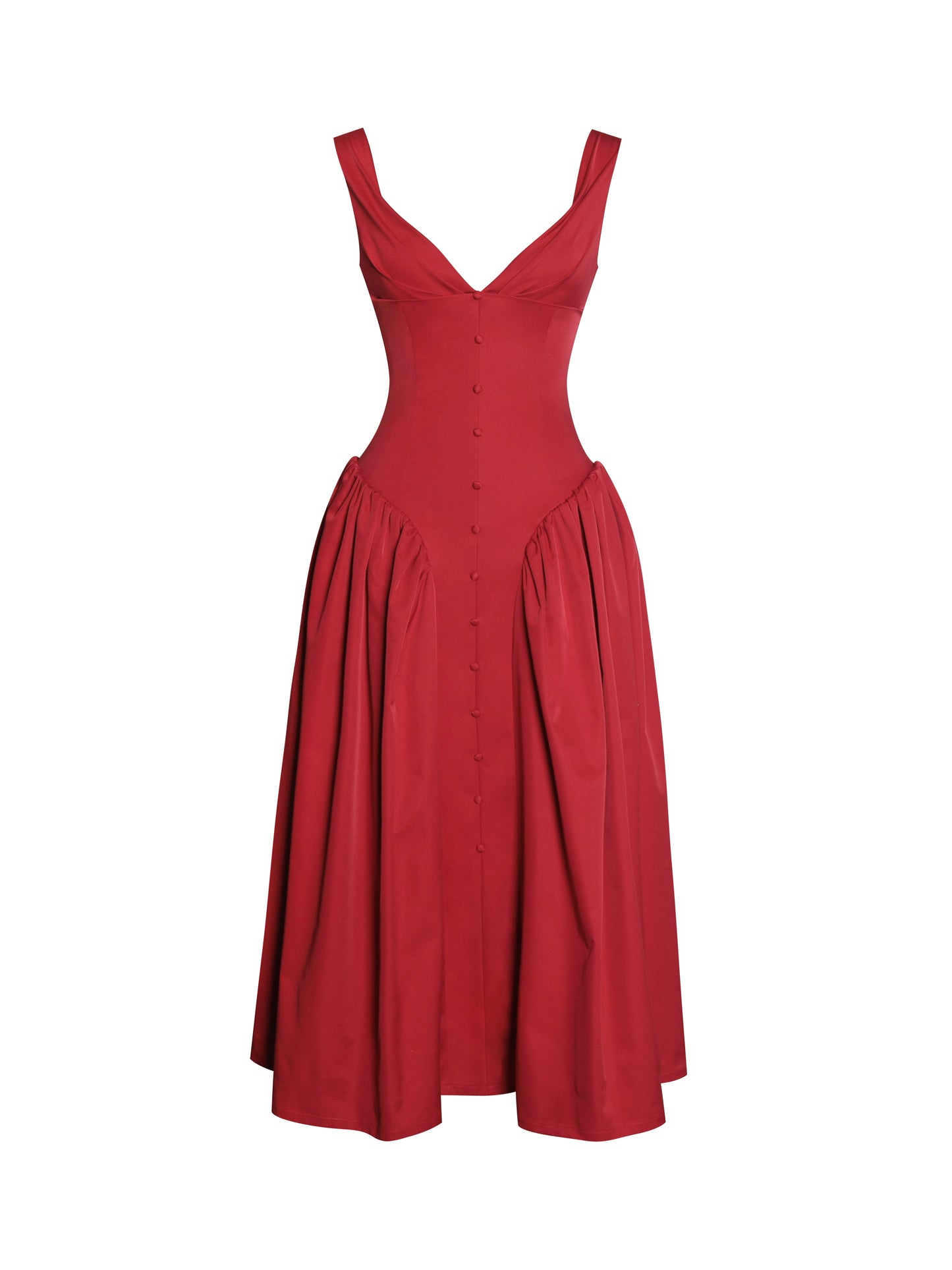 Nahla Red Drop Waist Midi Dress with Buttons - Miss Circle