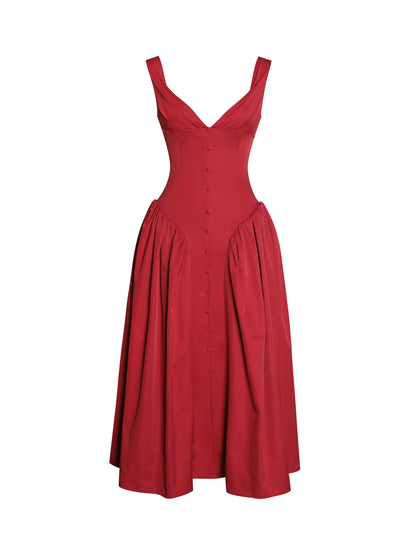 Nahla Red Drop Waist Midi Dress with Buttons - Miss Circle