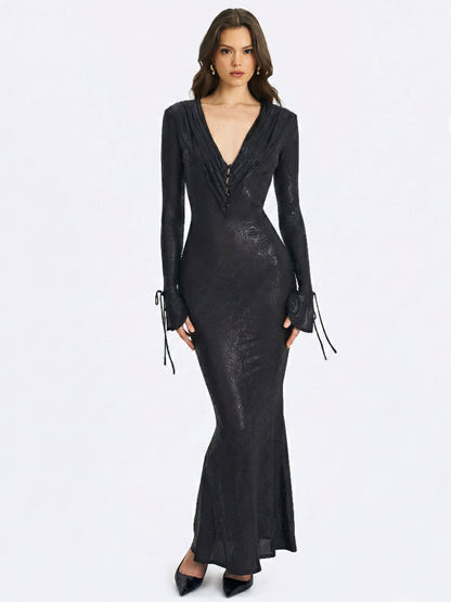 Ilysia Black V-Neck Plunge Maxi Dress - Miss Circle