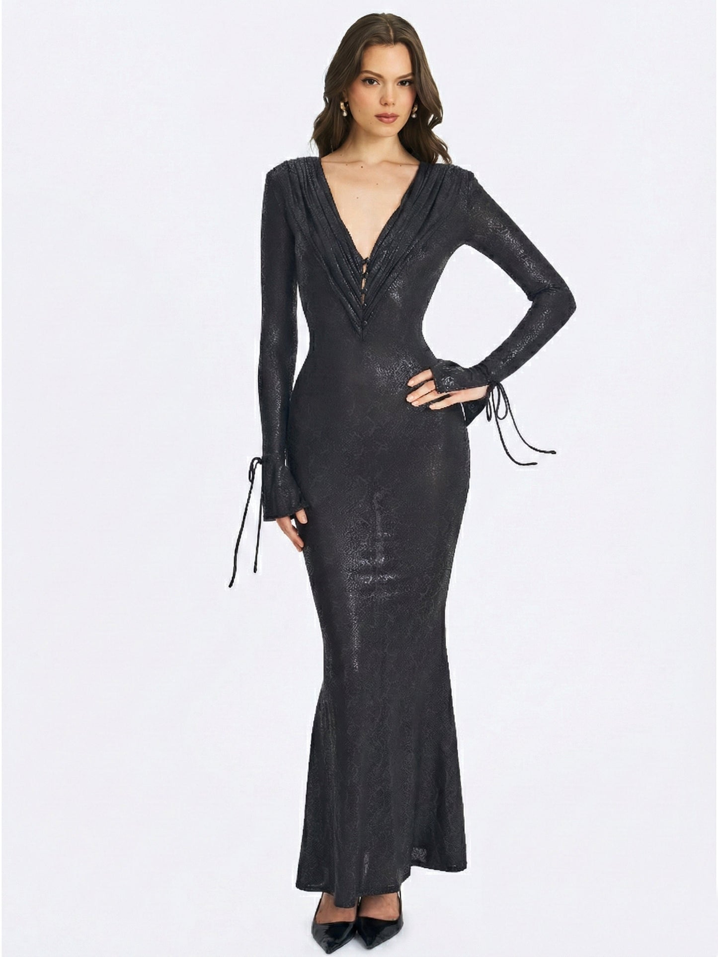 Ilysia Black V-Neck Plunge Maxi Dress - Miss Circle