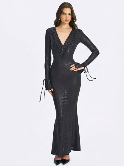 Ilysia Black V-Neck Plunge Maxi Dress - Miss Circle
