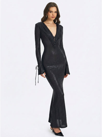 Ilysia Black V-Neck Plunge Maxi Dress - Miss Circle