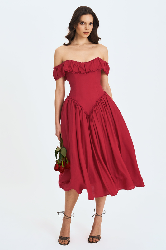 Xavy Crimson Off-Shoulder Corset Midi Dress - Miss Circle