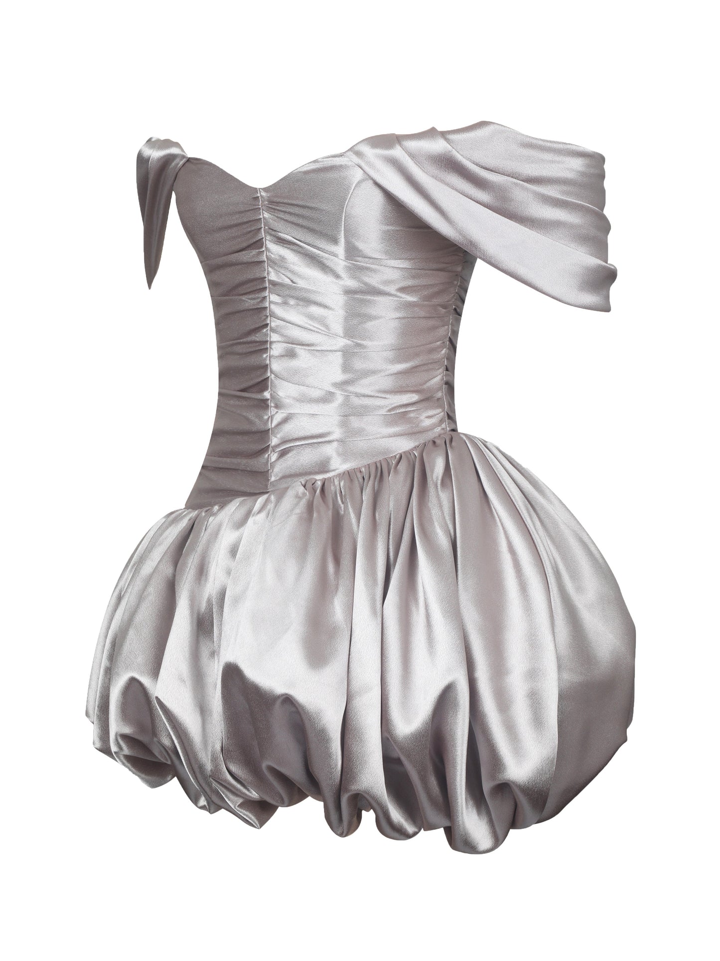 Milena Champagne Ruched Asymmetrical Bubble Mini Dress - Miss Circle