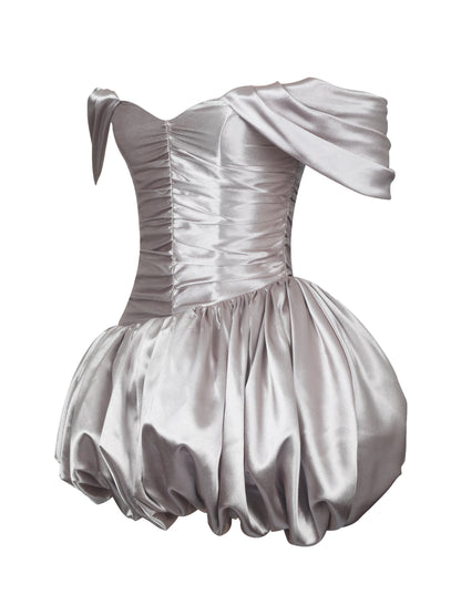 Milena Champagne Ruched Asymmetrical Bubble Mini Dress - Miss Circle