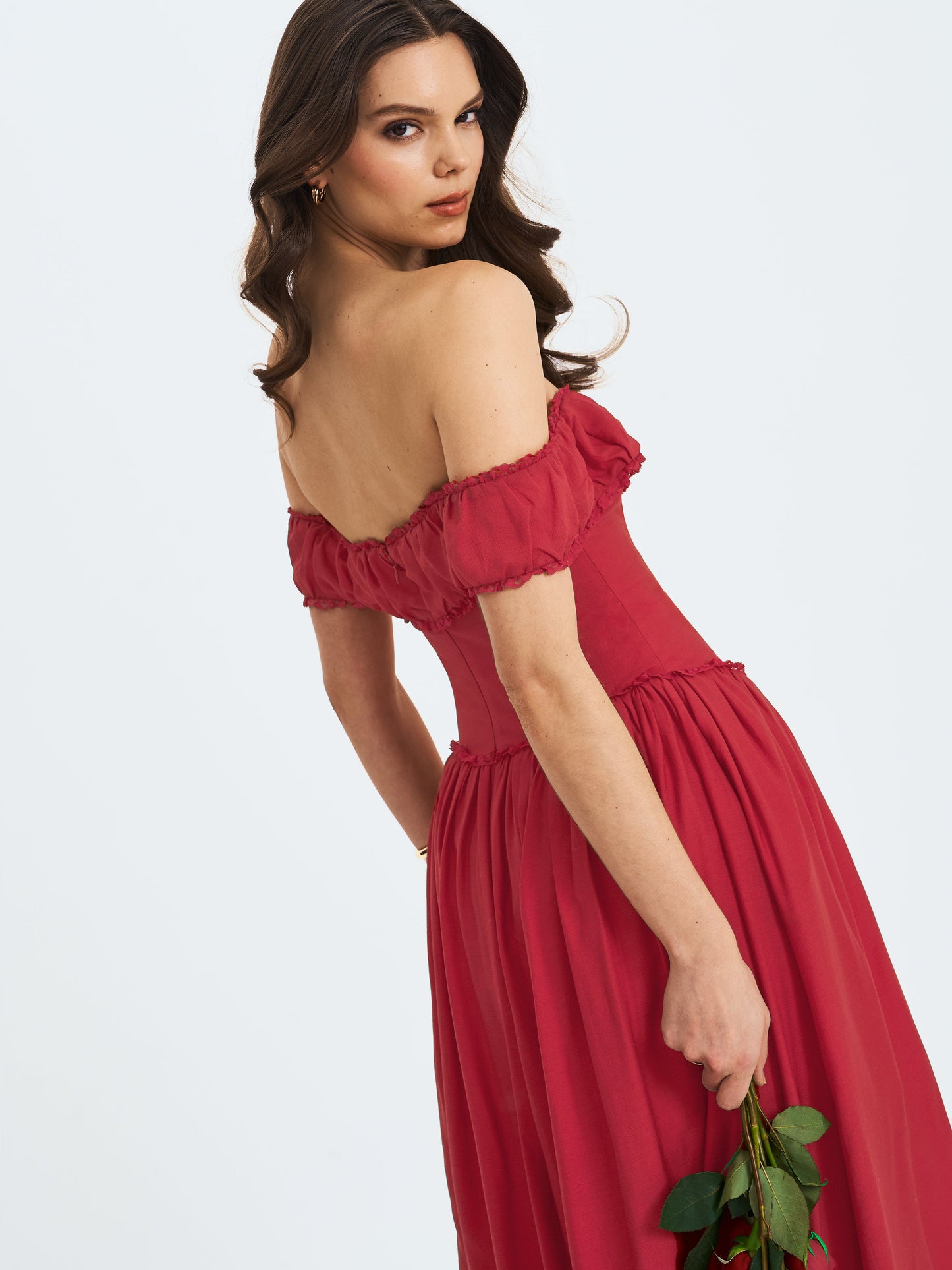 Xavy Crimson Off-Shoulder Corset Midi Dress - Miss Circle