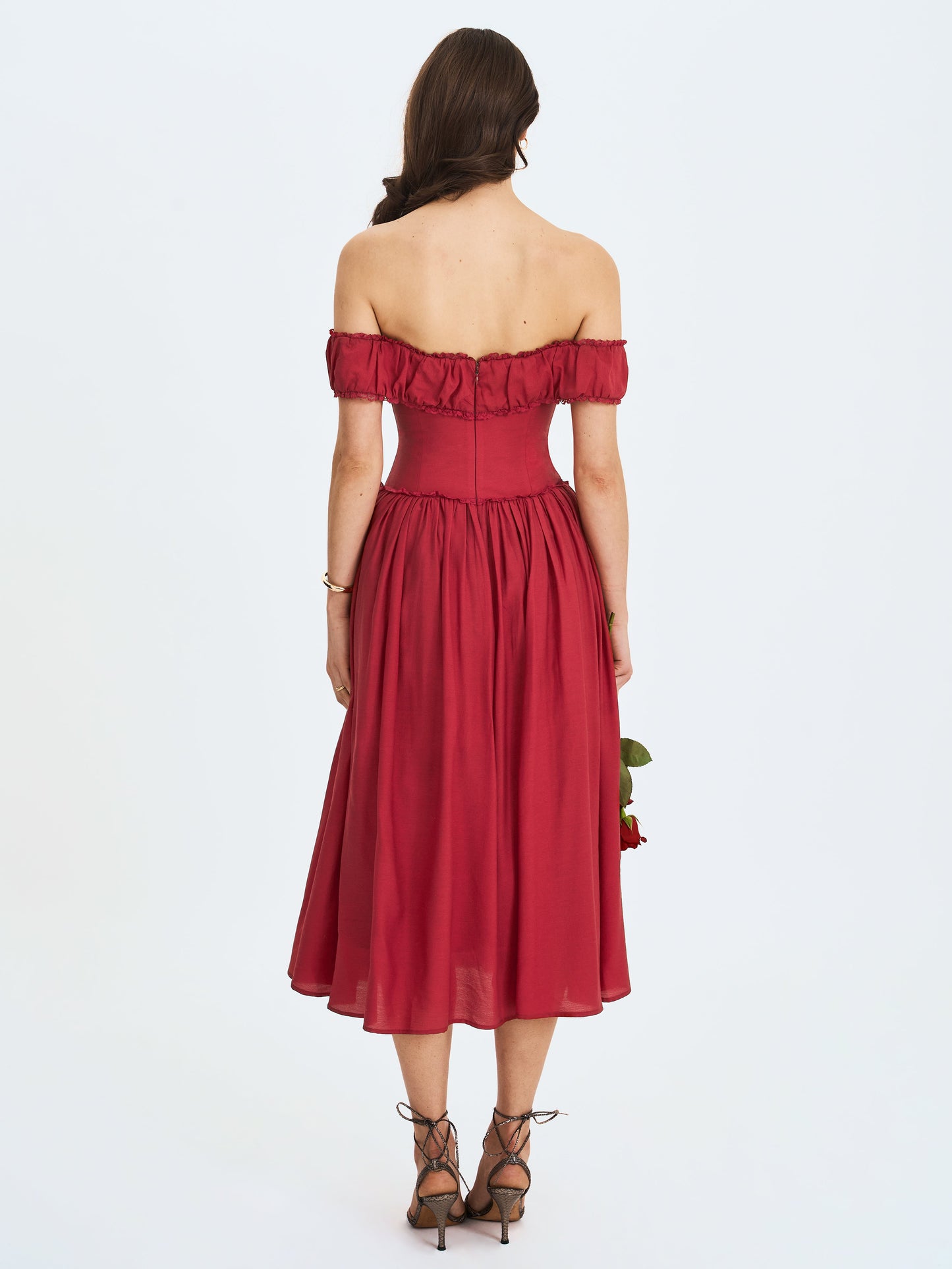 Xavy Crimson Off-Shoulder Corset Midi Dress - Miss Circle
