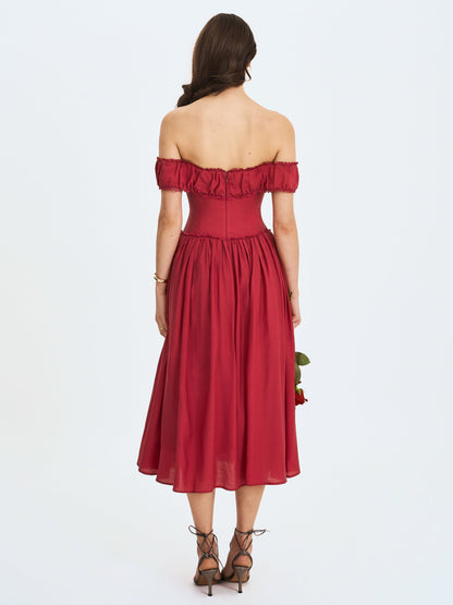 Xavy Crimson Off-Shoulder Corset Midi Dress - Miss Circle