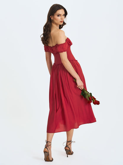 Xavy Crimson Off-Shoulder Corset Midi Dress - Miss Circle