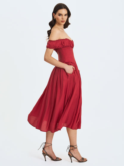 Xavy Crimson Off-Shoulder Corset Midi Dress - Miss Circle