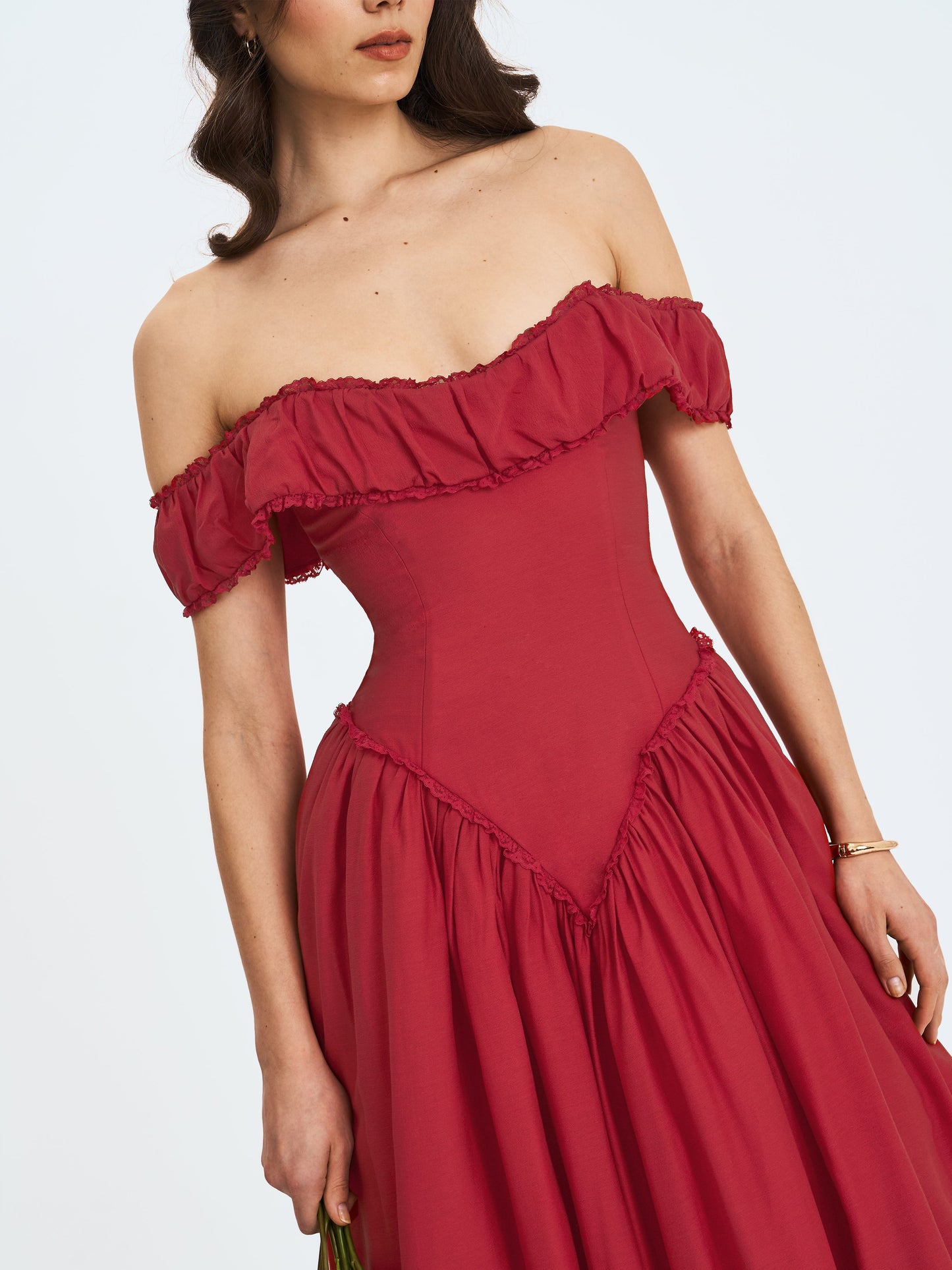 Xavy Crimson Off-Shoulder Corset Midi Dress - Miss Circle