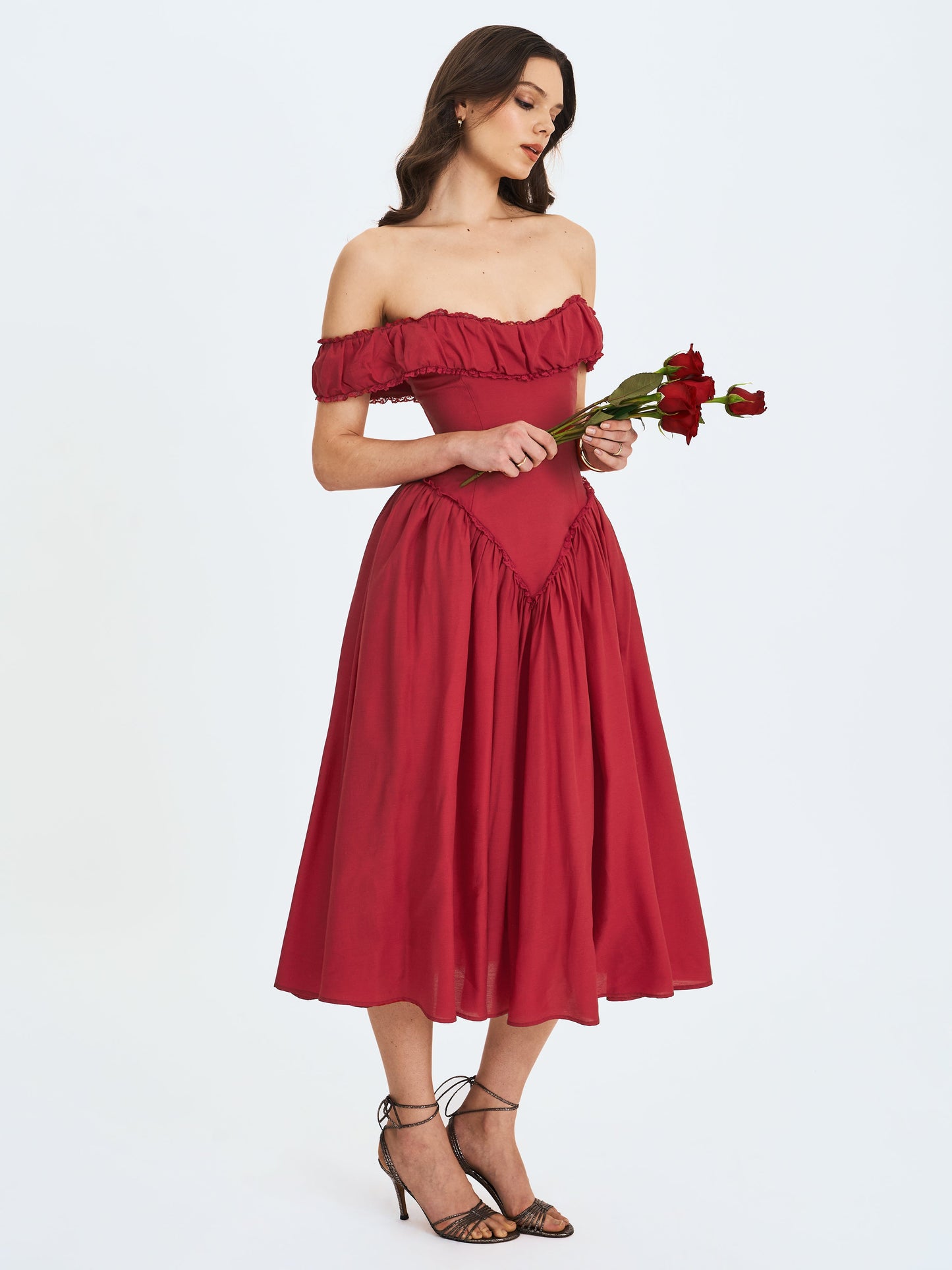 Xavy Crimson Off-Shoulder Corset Midi Dress - Miss Circle