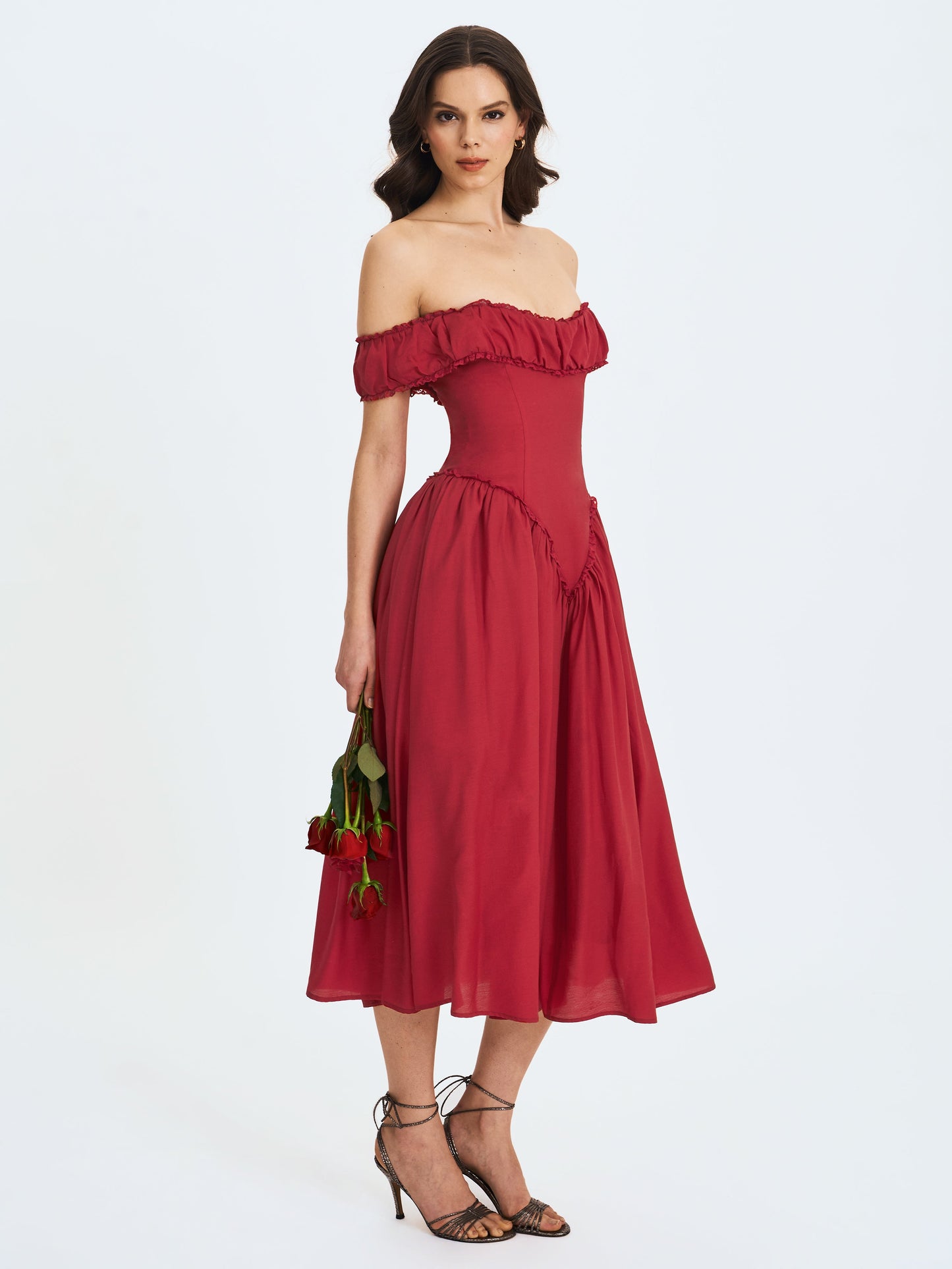 Xavy Crimson Off-Shoulder Corset Midi Dress - Miss Circle