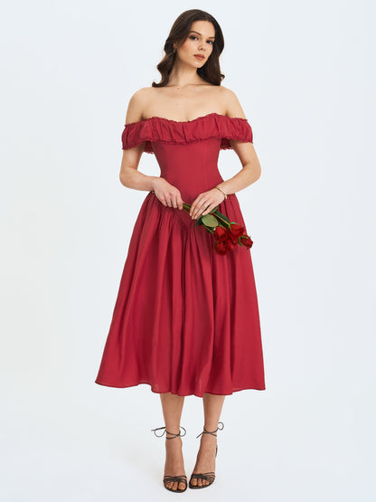Xavy Crimson Off-Shoulder Corset Midi Dress - Miss Circle