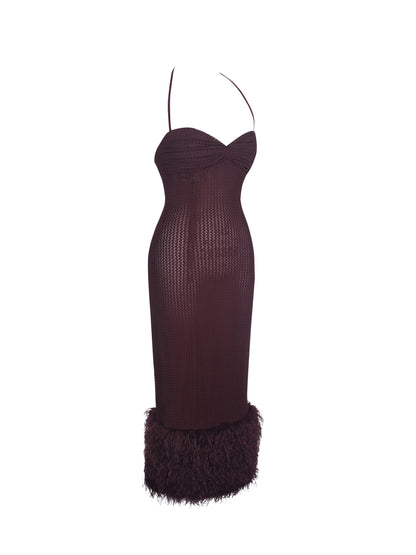 Pluma Maroon Halter Faux-Fur Trimmed Midi Dress - Miss Circle